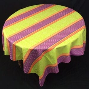A green and purple striped table cloth