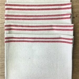 Four white placemats with two red stripes
