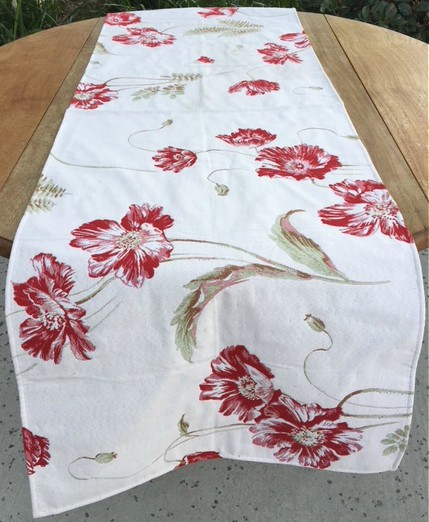 A cloth with red floral designs on a table