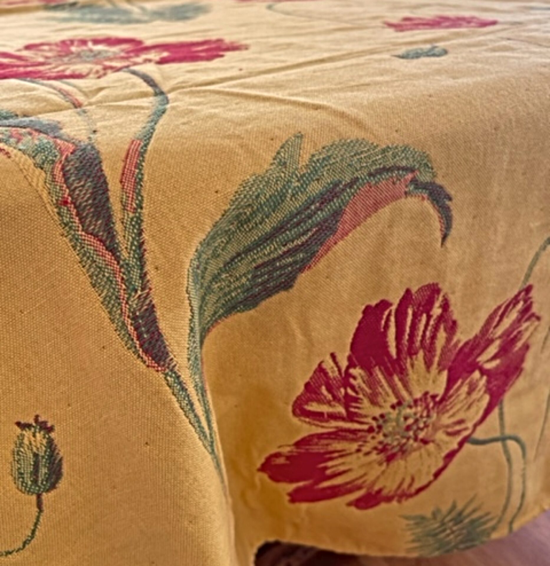 Yellow French Tablecloth With Red Poppy Flower Design