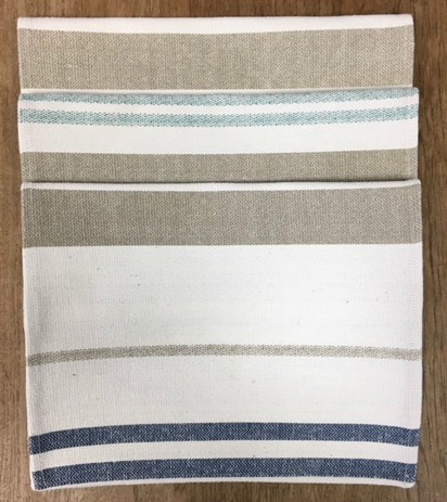 Three placemats with grey and blue stripes