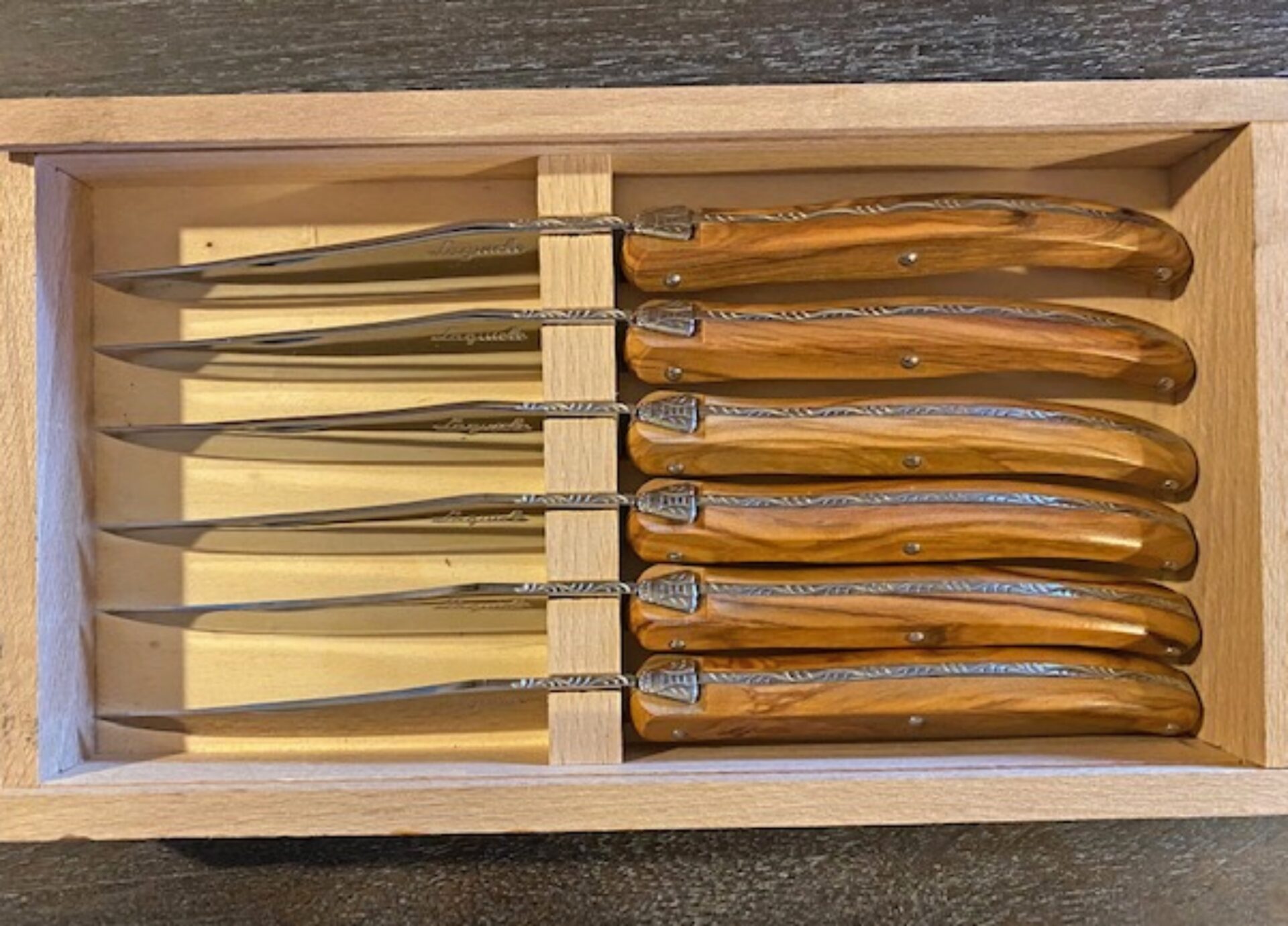 Six Piece Olive Wood Knife Set in a Wooden Box