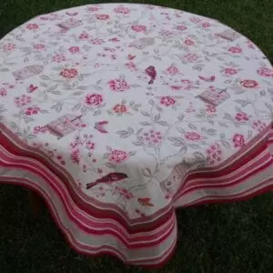 White French Table Cloth With Pink Floral Design