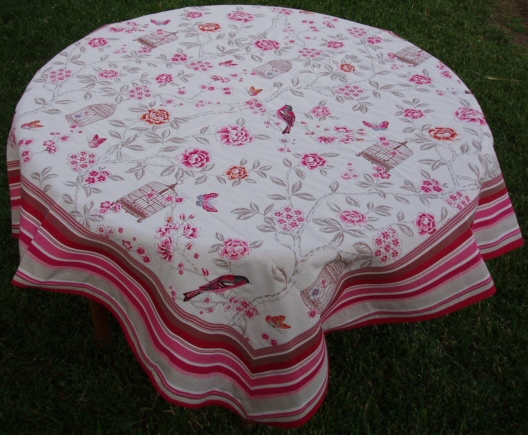 White French Table Cloth With Pink Floral Design