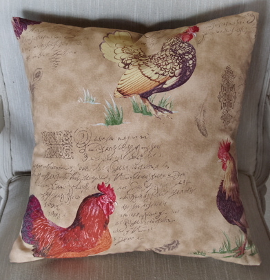 A brown pillow case with chicken designs