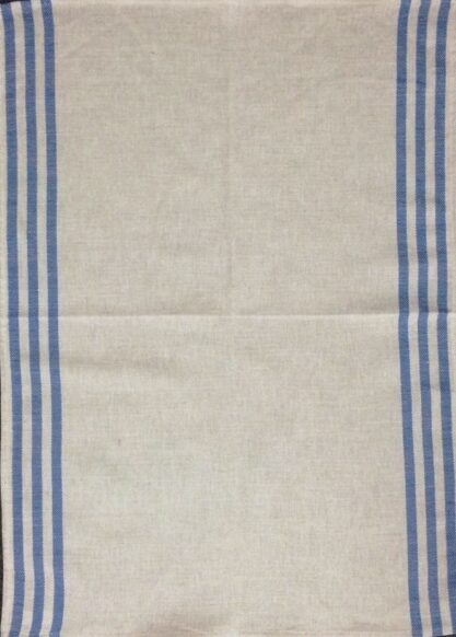 A white tea towel with blue stripes