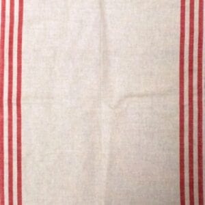 A white tea towel with red stripes