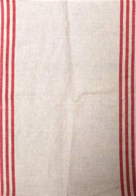 A white tea towel with red stripes