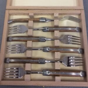Six forks with wooden handles
