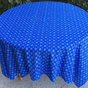A blue table cloth with small patterns