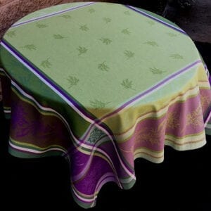 A yellow and purple colored table cloth