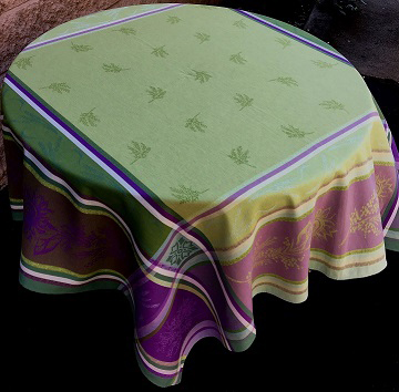 A yellow and purple colored table cloth