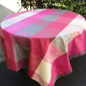 A pink and white table cloth patterns