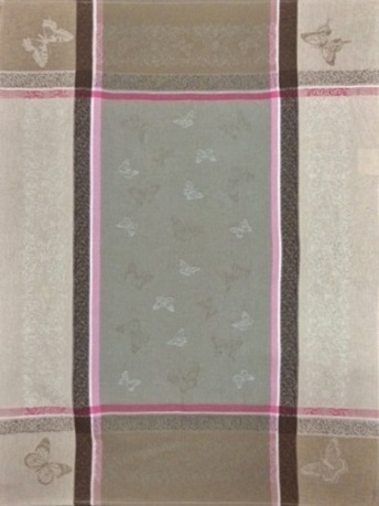 A grey tea towel with butterfly patterns