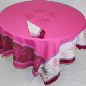 A pink table cloth with wheat patterns