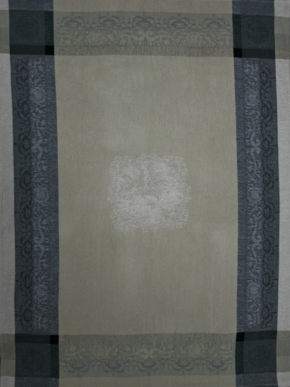 A grey tea towel with black patterns