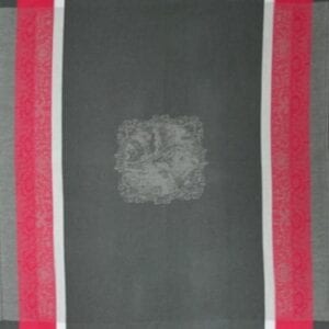 A grey tea towel with pink patterns