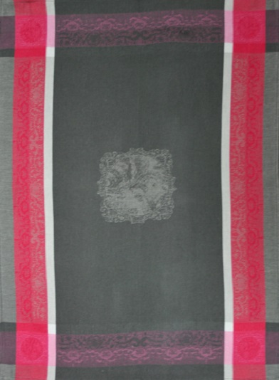 A grey tea towel with pink patterns