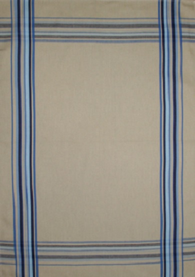 A white tea towel with blue stripes at all sides