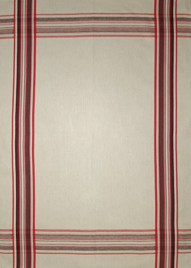 A white tea towel with dark red stripes at all sides