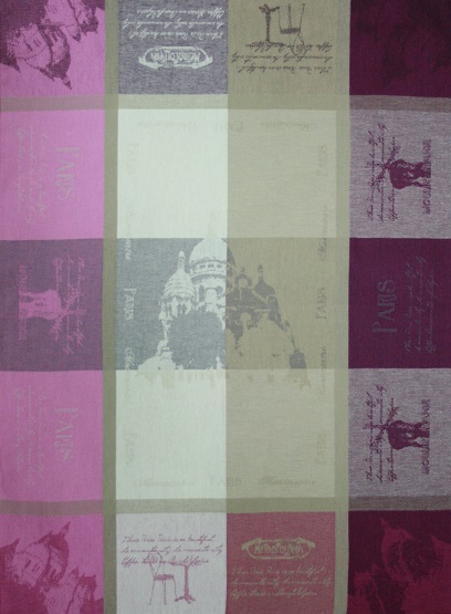 A checkered tea towel of pink, red, and grey
