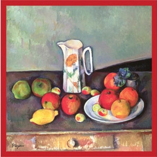 A painting of fruits and a pitcher