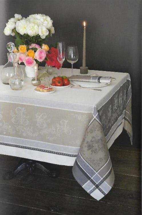 A white and grey table cloth