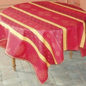 A pattern of red and yellow table cloth