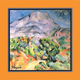 A painting of a mountain with an orange border