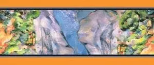 A mirrored painting of a mountain with an orange border