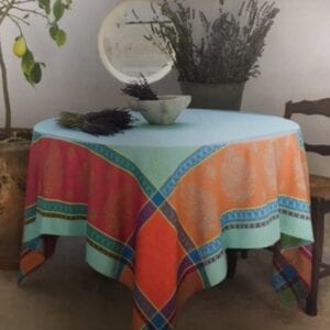 A multicolored table cloth