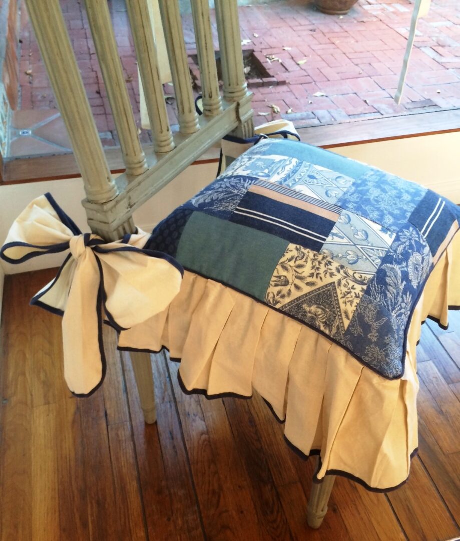 A chair cover in blue patches