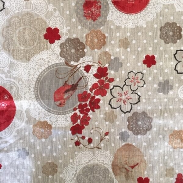 A grey natural linen with red flowers and birds