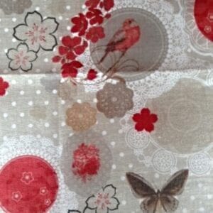 A smaller image of a grey natural linen with red flowers, birds, and butterflies